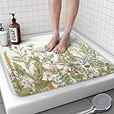 Square Shower Mat, 24 x 24 Inch Non Slip Flower Shower Stall Mat, Quick-Dry PVC Loofah Bath Mat for Shower Tub Bathroom