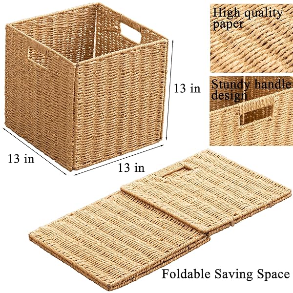 FOLDABLE STORAGE BASKETS WITH HANDLES PAPER ROPE STORAGE BASKETS RECTANGLE COLLAPSIBLE HAND WOVEN STORAGE CUBES BINS FOR ORGANIZING SHELVES LIVING ROOM BEDROOM PANTRY (4, 13” X 13” X 13”)