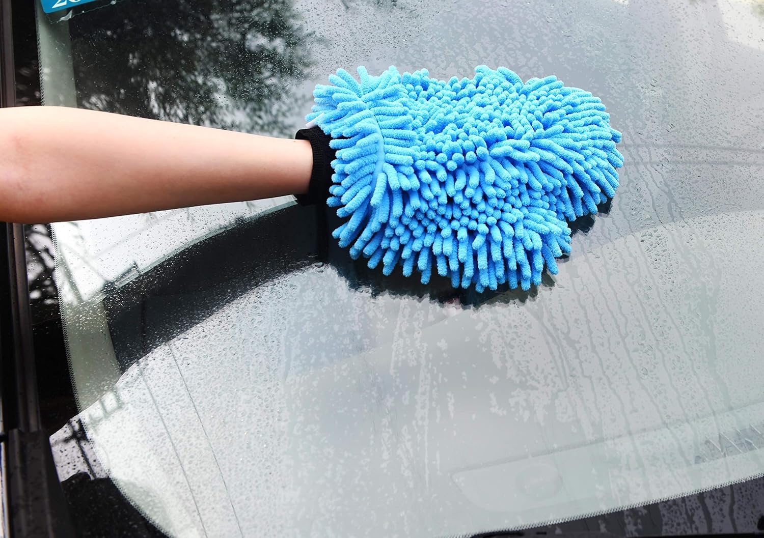 TeKX Premium Large Microfiber Chenille Car Wash Mitt and Car Wash Sponge Set (2 Pack), Washer Friendly, Soft and Scratch Free, Thumb Space Double Sided Mitt, Double Sided Sponge with Grip Band: Automotive