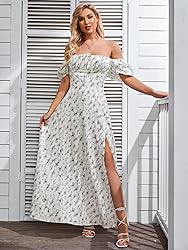 Women's Summer Puff Sleeve Floral Split Maxi Dress