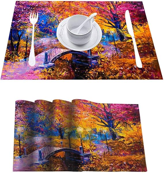 Non Slip Wipeable Placemats Place Mats, Original Oil Painting on Canva, Woven Vinyl NonSlip