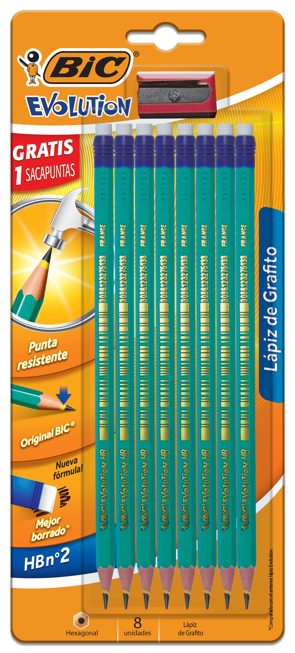 BIC Evolution Original, Erasable HB Graphite Pencils with Eraser and Ultra Resistant Lead, Environmentally Friendly, Pack of 8