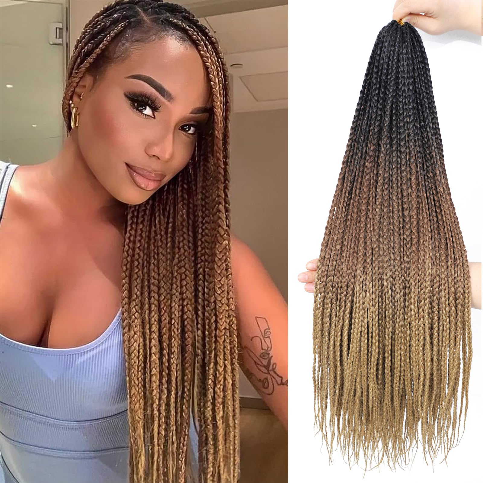 Pre-Looped Box Braids Crochet Hair Extensions - 22 Inch Goddess Synthetic Braiding for Black Women (1B/30/27)