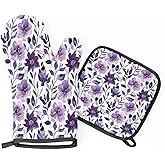 TULIMET Flower Oven Mitts and Pot Holders Sets, 2 Pcs Purple Floral Decorative Kitchen Oven Glove for Cooking