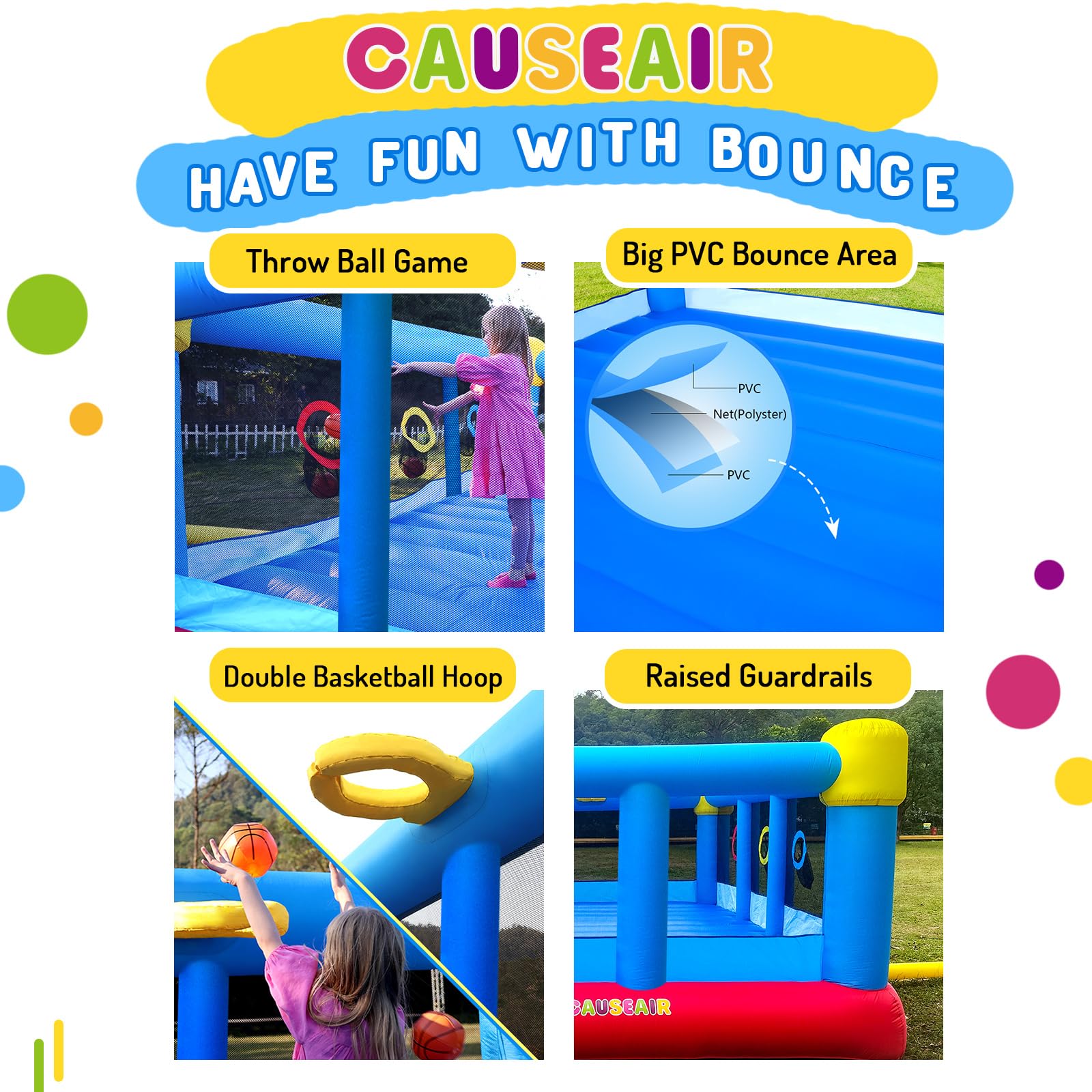 Causeair Big Inflatable Bounce House for Party Fun,15ft x 14.8ft,Double Basketball Hoop,Throw Ball Game,Reinforced PVC Bounce Floor,Jumping Bouncy Castle Holds 6 Kids