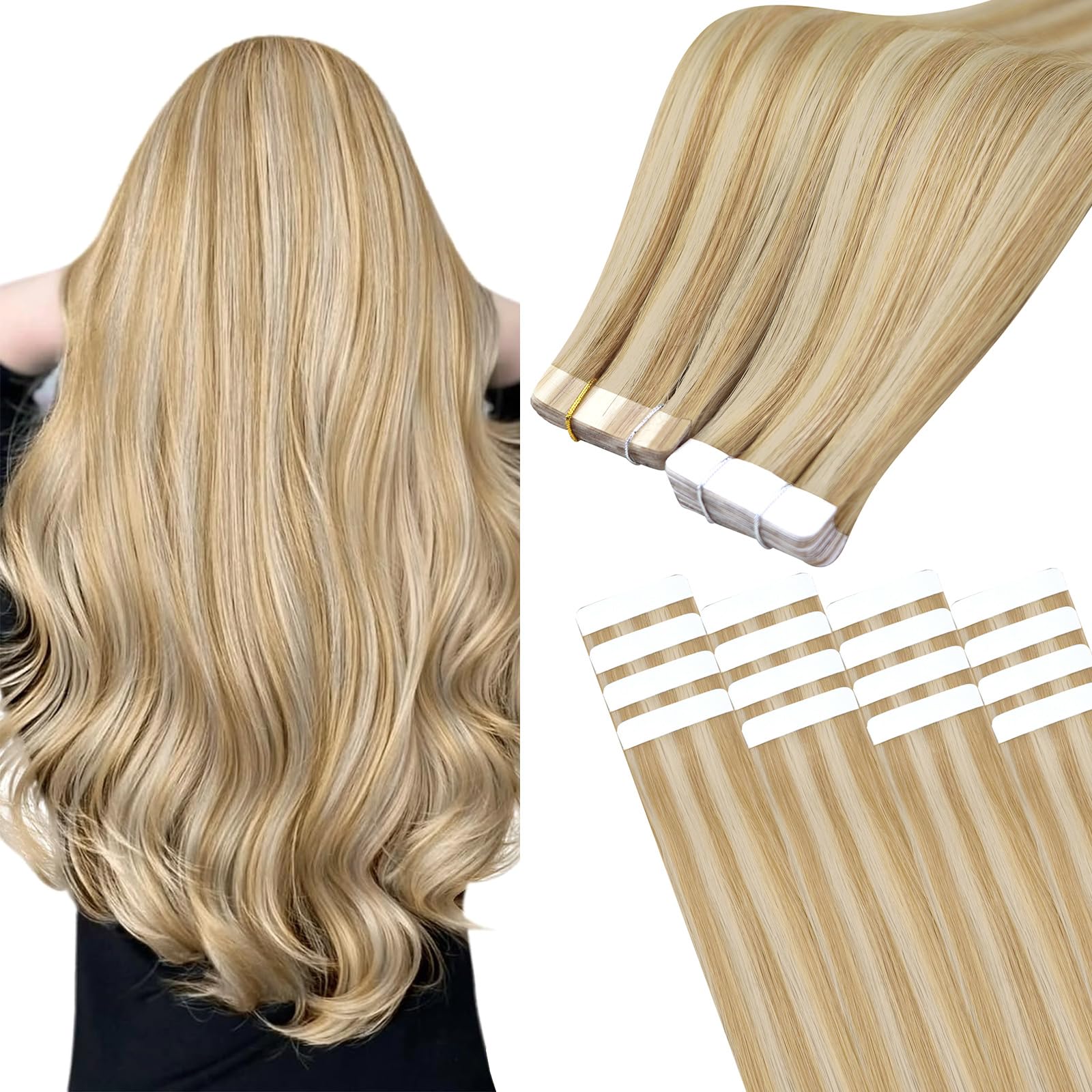 Easyouth Invisible Tapes in Hair Extensions Remy Hair Tapes Extensions Human Hair Strawberry Blonde Highlights Bleach Blonde Real Hair Extension Tape in Glamorous 22Inch 50g 20pcs — image 1