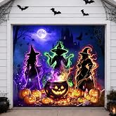 7x8 FT Fluorescent Witch Pumpkin Halloween Garage Door Cover Banner Decor | Blacklight‑Reactive Single Garage Door Cover,Dual-Fastening,Witch Decor Halloween Garage Door Cover For Party, Wall and Yard