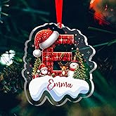 Personalized Christmas Letter Ornament with Name, Custom Initial A-Z Acrylic Ornament for Kids, Family, Friends, Monogram Acrylic Christmas Ornaments for Xmas Tree, Plaid Red