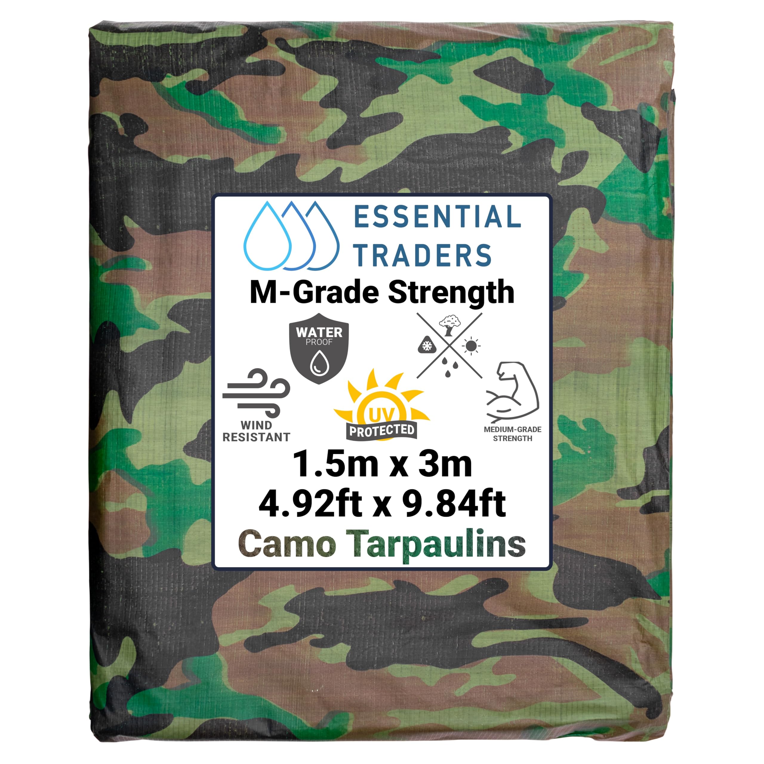 Premium Camouflage Heavy Duty Tarpaulin, 90gsm Waterproof Cover Ground Sheet Forest Tarp, Army Camo Basha, Weatherproof Tear & UV Resistance Military Sheet (1.5m x 3m)