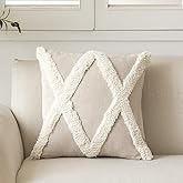 IKATYARN Woven Tufted Boho Throw Pillow Cover, Cream Modern Decorative Geometric Cushion, Farmhouse Tribal Pillowcase for Couch Sofa Bedroom Living Room, Off White