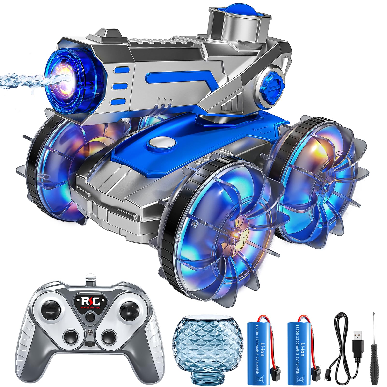 Amphibious Remote Control Car, Waterproof RC Stunt Car with Water Gun and Lights, RC Boat Pool Game Toys for Kids Ages 4-8, Birthday for Boys Girls 8-12 Years Old