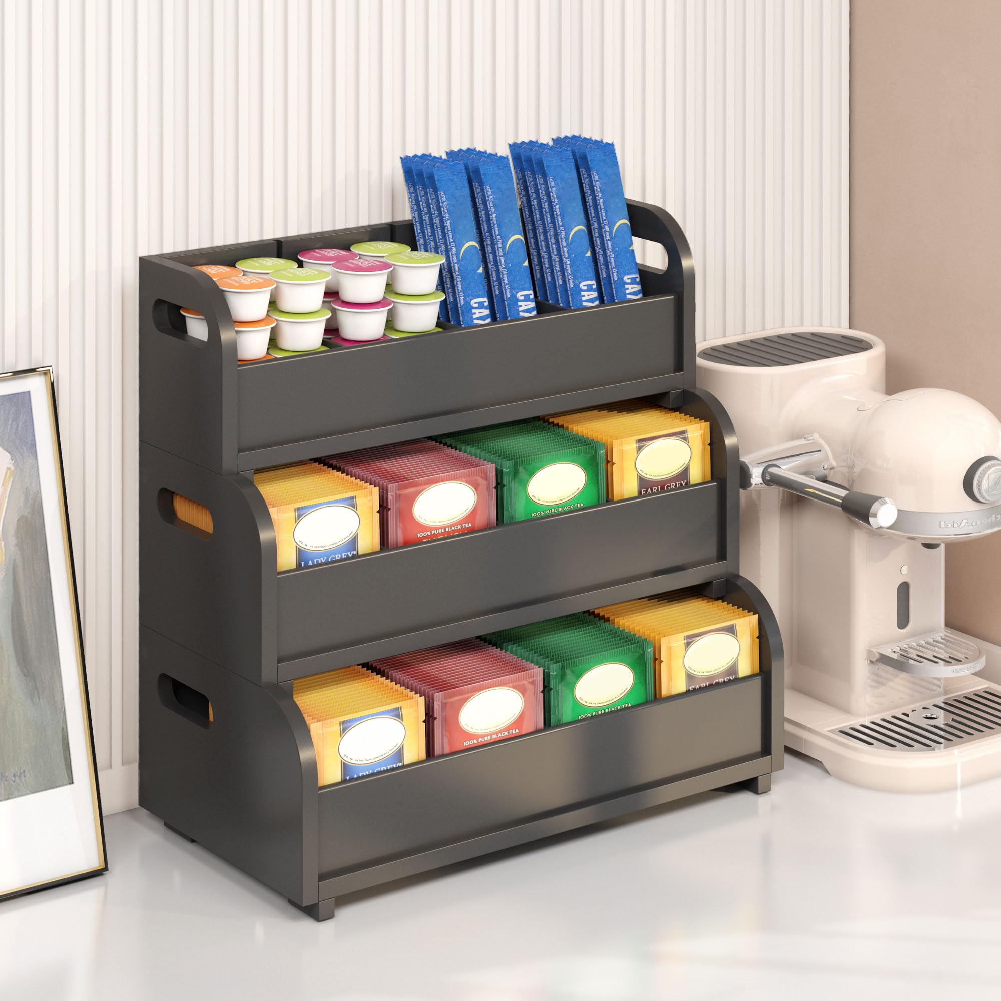Photo 1 of Tea Holder for Tea Bags Organizer - Black Bamboo Tea Organizer for Tea Bags 3-Tier Stackable Wall Mount Large Capacity Tea Storage Box to Pantry Countertop Kitchen Office