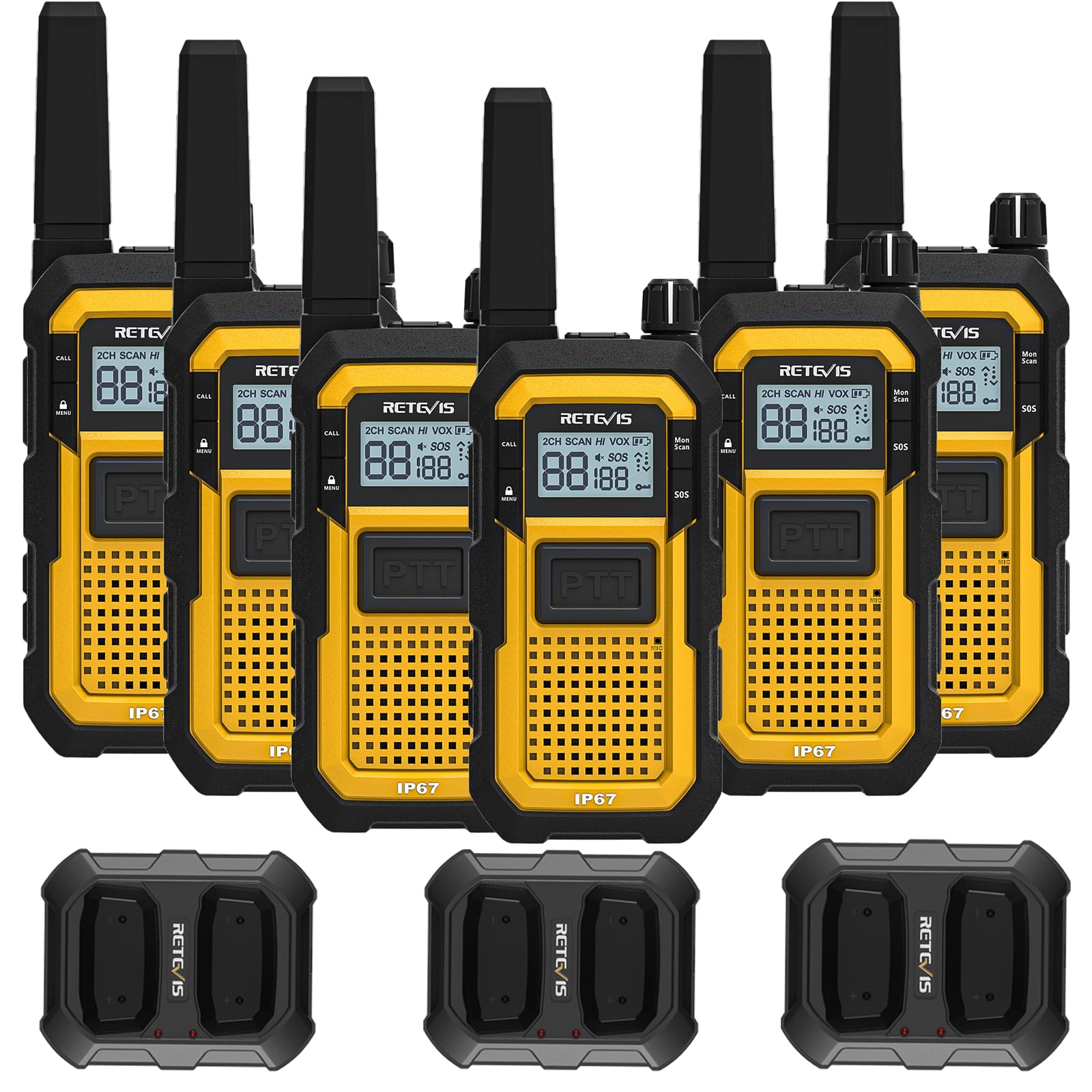 Retevis RB648 Heavy Duty Walkie Talkies IP67 Waterproof Dustproof Shock Resistant, 2000mAh Long Lasting Battery, PMR446 License-Free, Vibration SOS Alert for Construction, Industry (6 Pack, Yellow)
