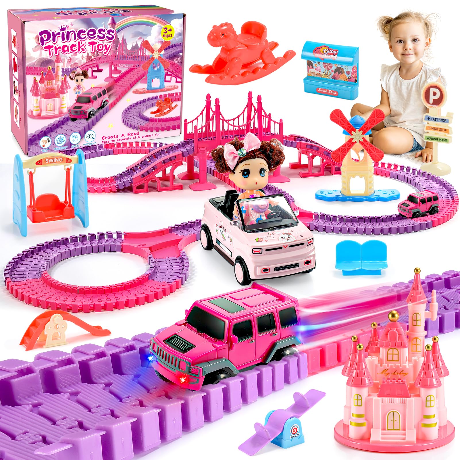 Tragik Track Toys for 3-6 Year Old Girls, Princess Construction Toys for 3 4 5 6 Year Olds Girls Gifts for 3-12 Year Olds Girl Birthday Presents Girl Toy Cars for 3-9 Year Olds Race Tracks Kids Toy