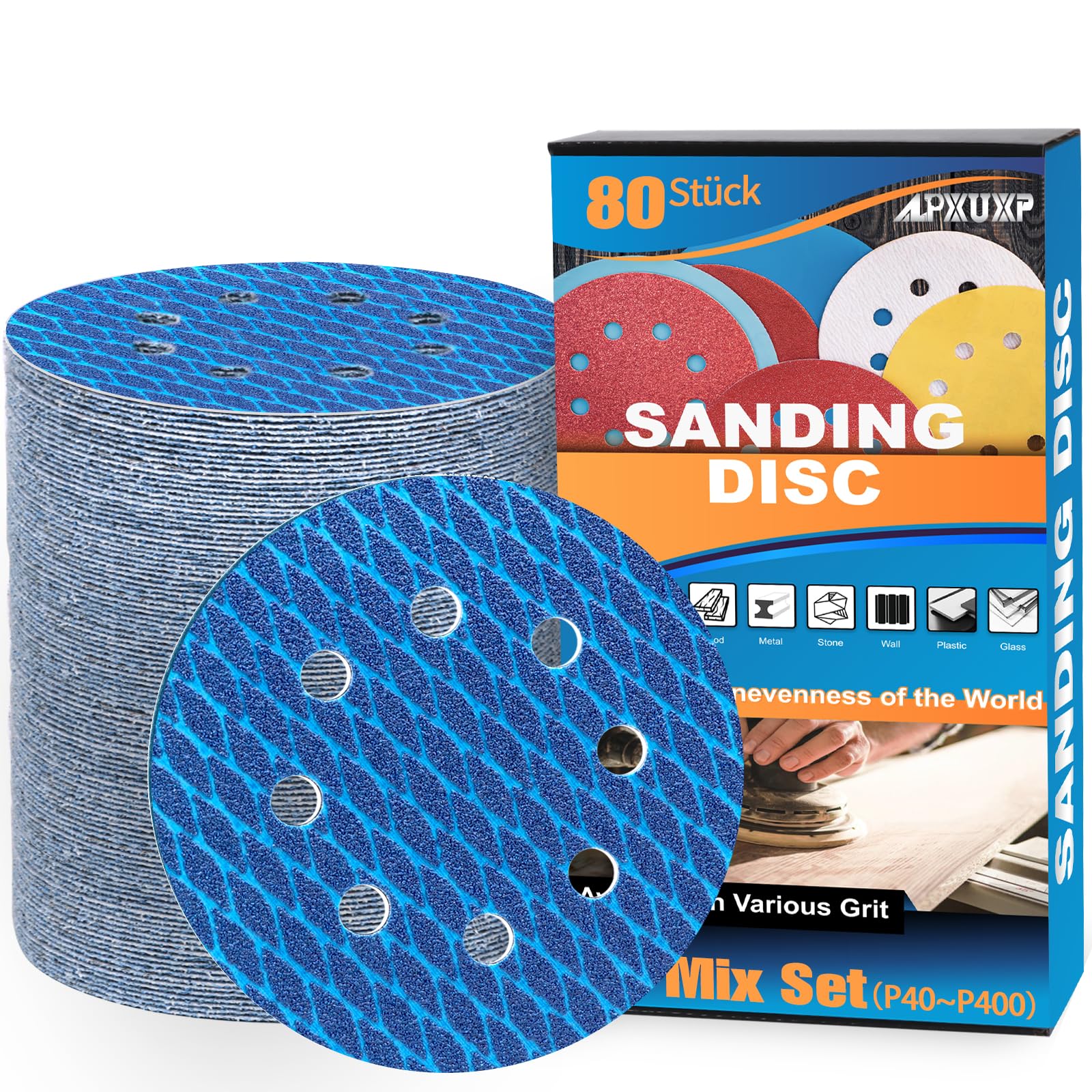 ALPXUXP 125mm Diamond Sanding Discs 8-Holes Hook and Loop Sanding Pads for Random Orbital Sander Sandpaper Sheet(40/60/80/120/180/240/320/400 x10 Mixed Grits)-80Pcs
