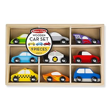 Melissa and Doug Wooden Cars Vehicle Set in Wooden Tray (9 Vehicle Toys)
