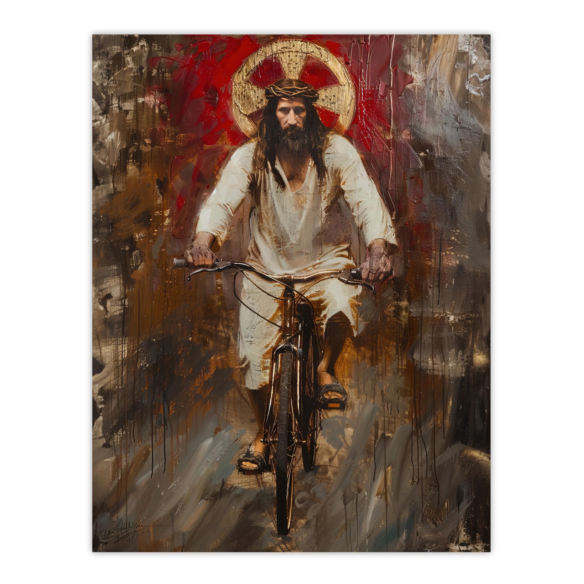 Artery8 Christ on a Bike Funny Oil Painting Living Room Extra Large XL Wall Art Poster Print