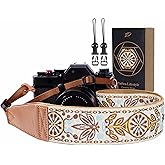 Padwa Lifestyle Camera Strap - 2" Full Grain Leather Ends Camera Straps for Photographers, Vintage Embroidered Cotton Weave Soft Suede Fabric Padded Strap Quick Release fits All Cameras