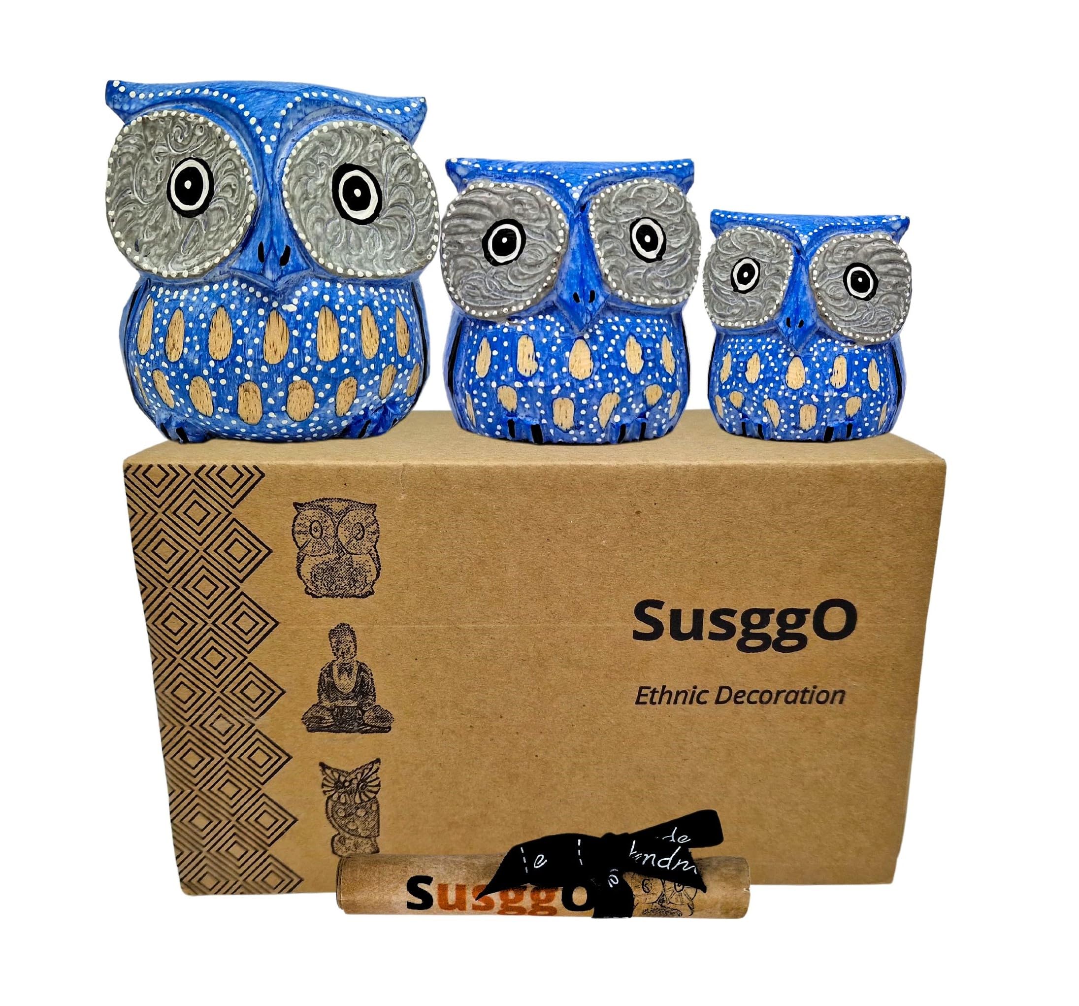 SusggO Set of 3 Wooden Owls, Decoration, Hand Carved, Lucky Owl, Idea Artesania Furniture Ornament (Blue)