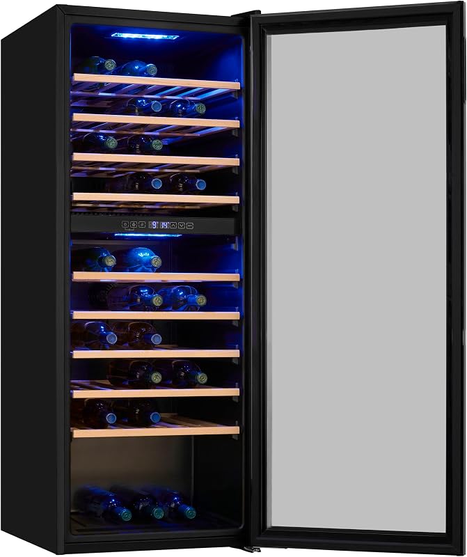 ® Vinoteca para 78 Botellas, 194L, Negro, Clase G, Doble Zona de Temperatura 5-20°C, Control Digital, Puerta de Cristal Reversible, Iluminación LED, 9 Estantes, Medidas (128,5 x 49 x 57,5 cm)