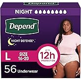 Depend Night Defense Adult Diapers, Incontinence & Postpartum Bladder Leak Underwear for Women, Disposable, Overnight, Large, Blush, 56 Count (4 Packs of 14), Packaging May Vary