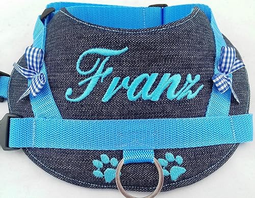 Hundegeschirr S M L XL XXL Brustgeschirr mit Wunsch Namen bestickt Jeans Hellblau