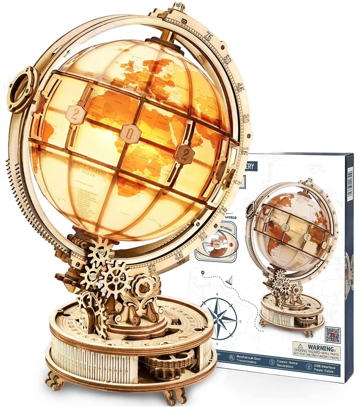 ROWOOD 3D Puzzles Luminous Globe, Wooden Model Building Kit for Adults to Build, DIY LED Night Light Home Decor, Unique Christmas and Birthday Gift