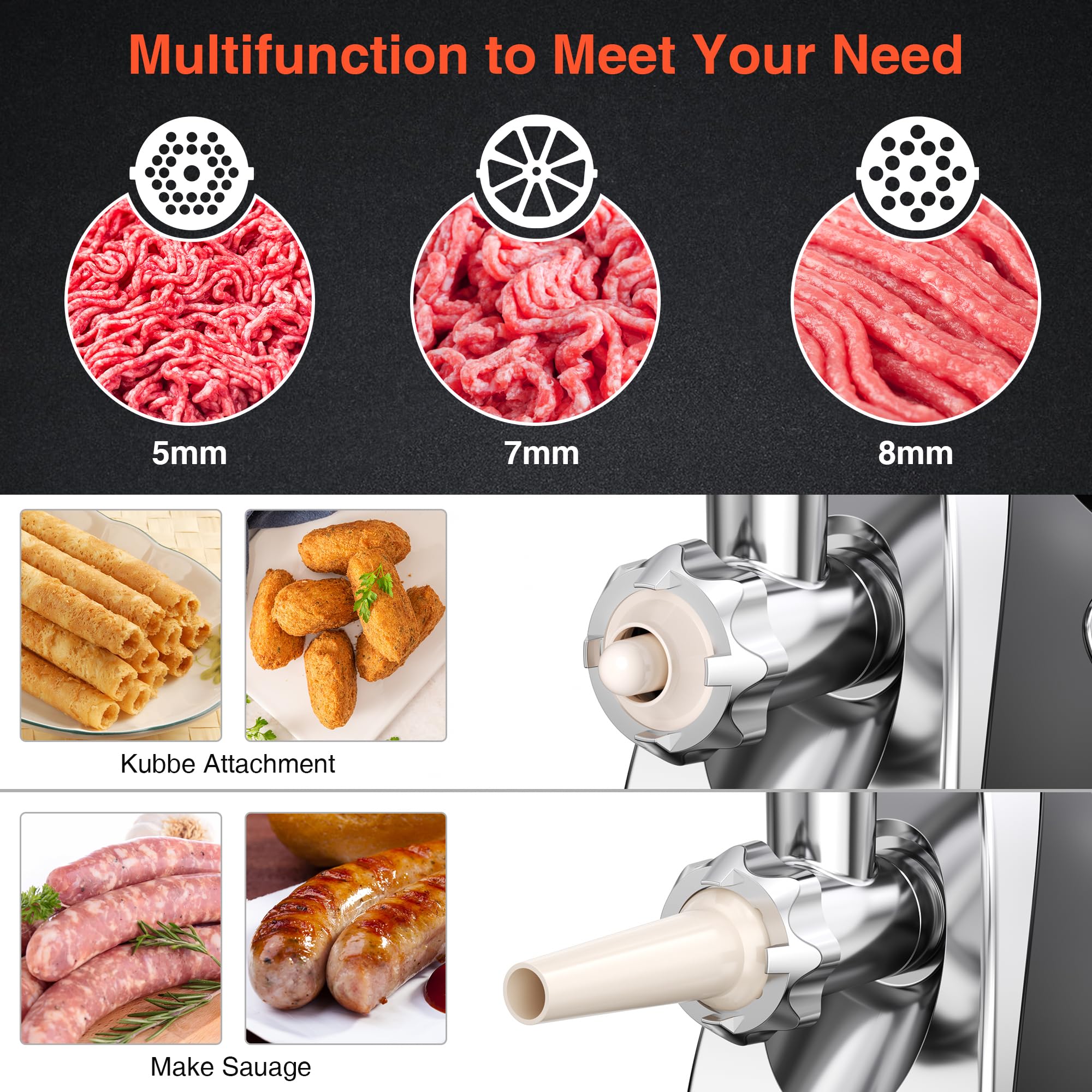 Electric Meat Grinder, 2500W Max Meat Grinder with Stainless Steel 3 Blades and 3 Grinder Plates, Sausage Stuffer Tube & Kubbe Kit, Heavy Duty Meat Grinder for Home Kitchen & Commercial Using