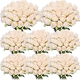 Hotop 80 Pcs Rose Artificial Flowers Bulk with Long Stem, Silk Roses Realistic Fake Flowers Bouquet for Wedding Table Centerpieces Bridal Shower Party Home Decorations(Beige)
