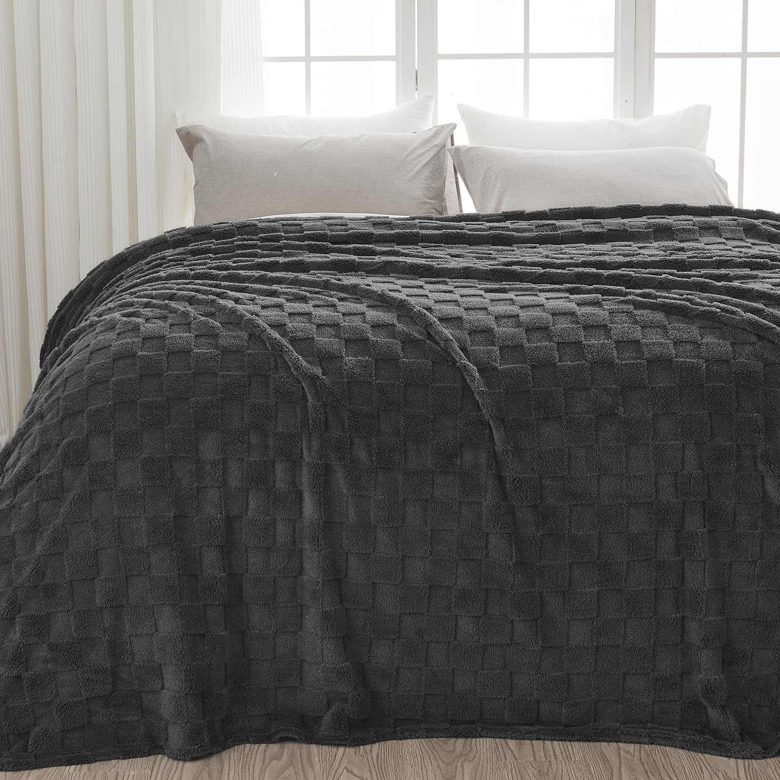 NEWCOSPLAY Super Soft King Blanket Dark Grey Premium Silky Flannel Fleece 3D Checkered Lightweight Bed Blanket All Season Use (Dark Grey Checkered, King(90"x110")) Image