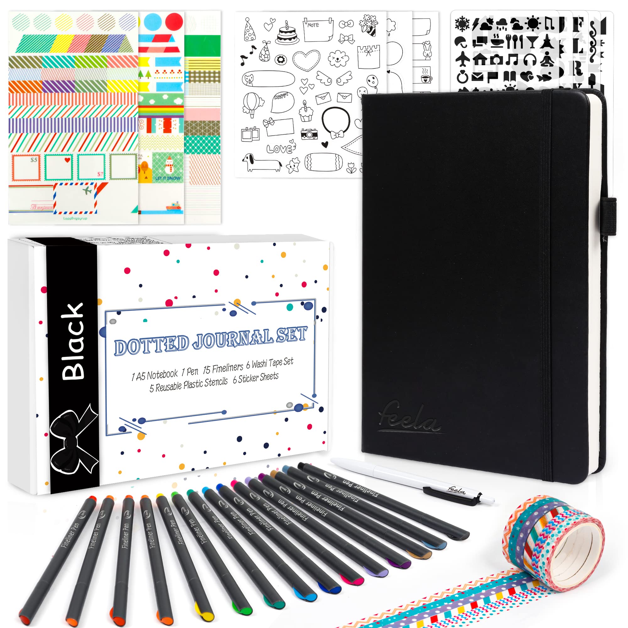 feela Bullet Journal Kit, A5 Dotted Notebook Set with 15 Coloured Fineliners, 5 Stencils, 6 Stickers, 6 Washi Tapes & Black Pen for Beginners & Adults, Journaling Supplies for Planning & Diary, Black