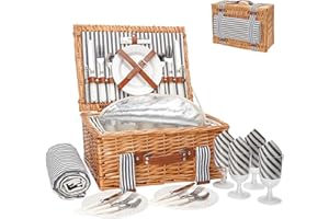 WICKERLAND Wicker Picnic Basket Set for 4 Persons with Blanket,Handmade Willow Picnic Basket with Insulated Cooler & Cutlery Kit, Gift Basket for Couples,Valentine Day,Birthday, Wedding, Outdoor Party