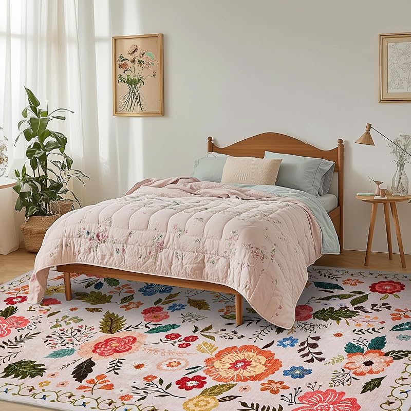 Alfombra de salón, 140 x 200 cm, estilo vintage floral, lavable y antideslizante, estampado plano, diseño ultrafino, ideal para dormitorios, habitaciones infantiles, baños y lavanderías, color beige — foto 6 de 8
