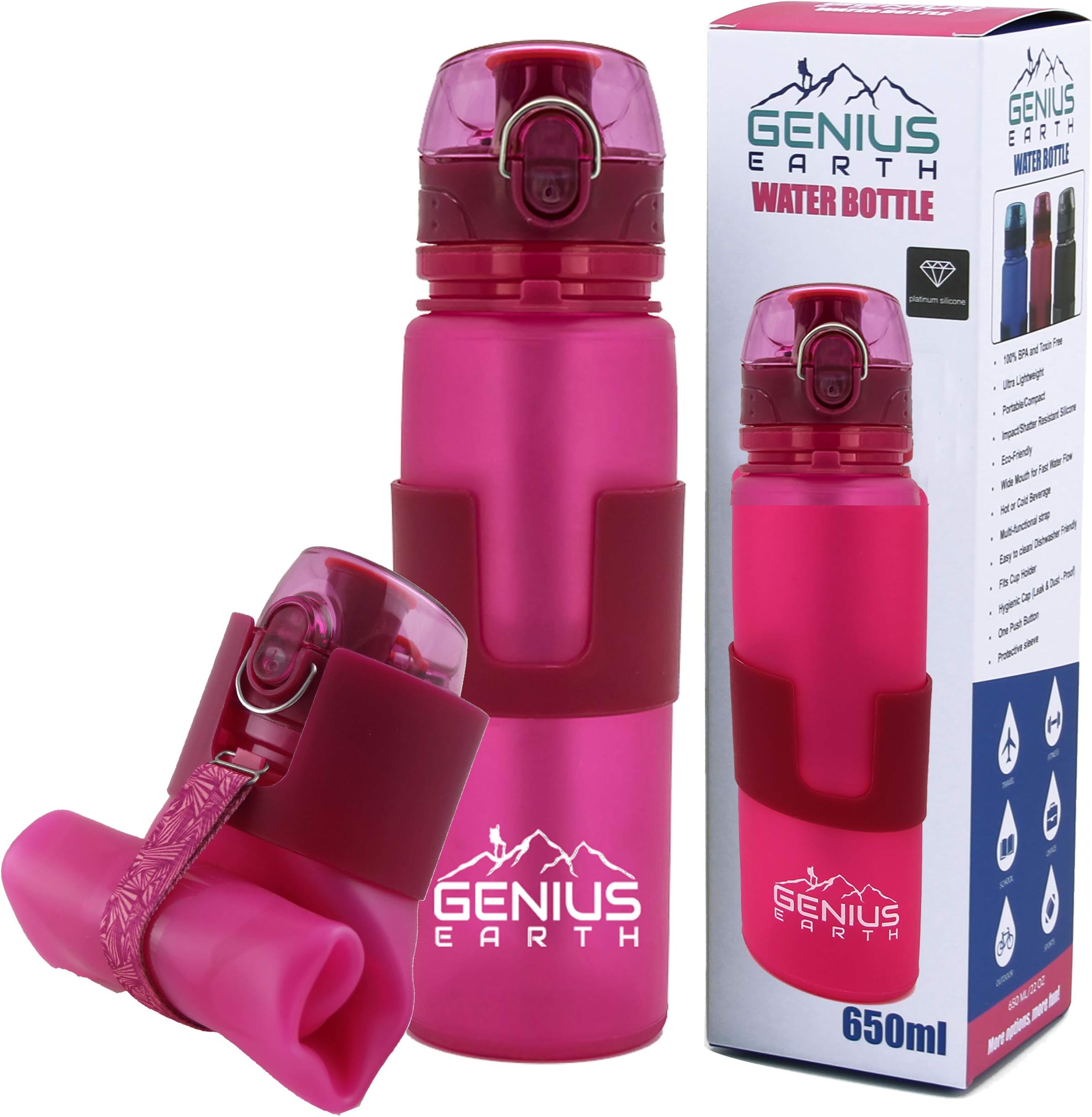 Genius Earth Foldable Water Bottle - Collapsible, Portable, Silicone Drink Bottle for Hiking, Sports & Travel. Lightweight, Reusable Bottles for Men, Women and Kids. BPA Free. 22oz
