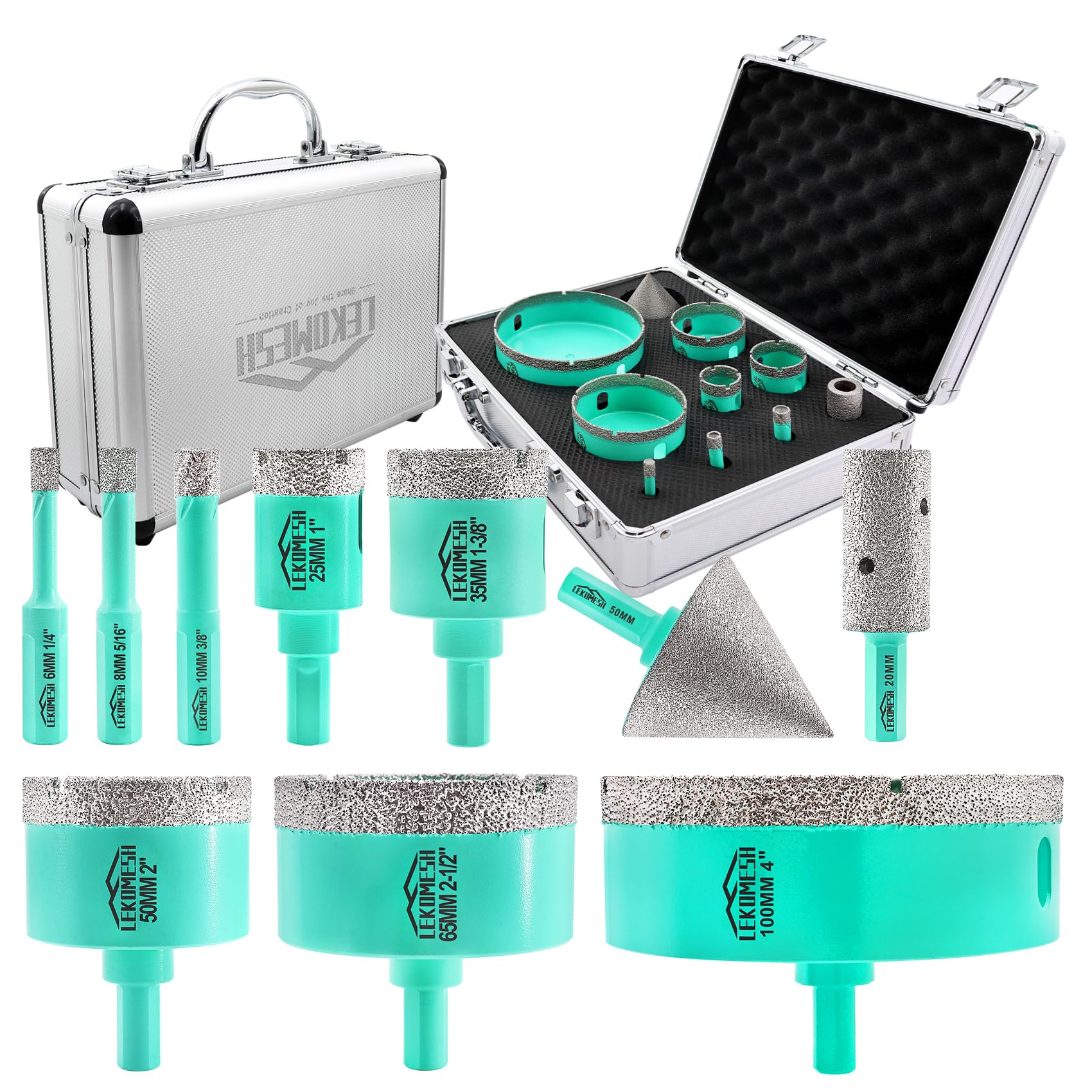 LEKOMESH Tile Hole Saw Kit - (6/8/10/25/35/50/65/100mm+20mm Finger Bit+50mm Chamfer Bit) Diamond Core Drill Bits for Porcelain Ceramic Marble Brick Concrete,Triangle Shank