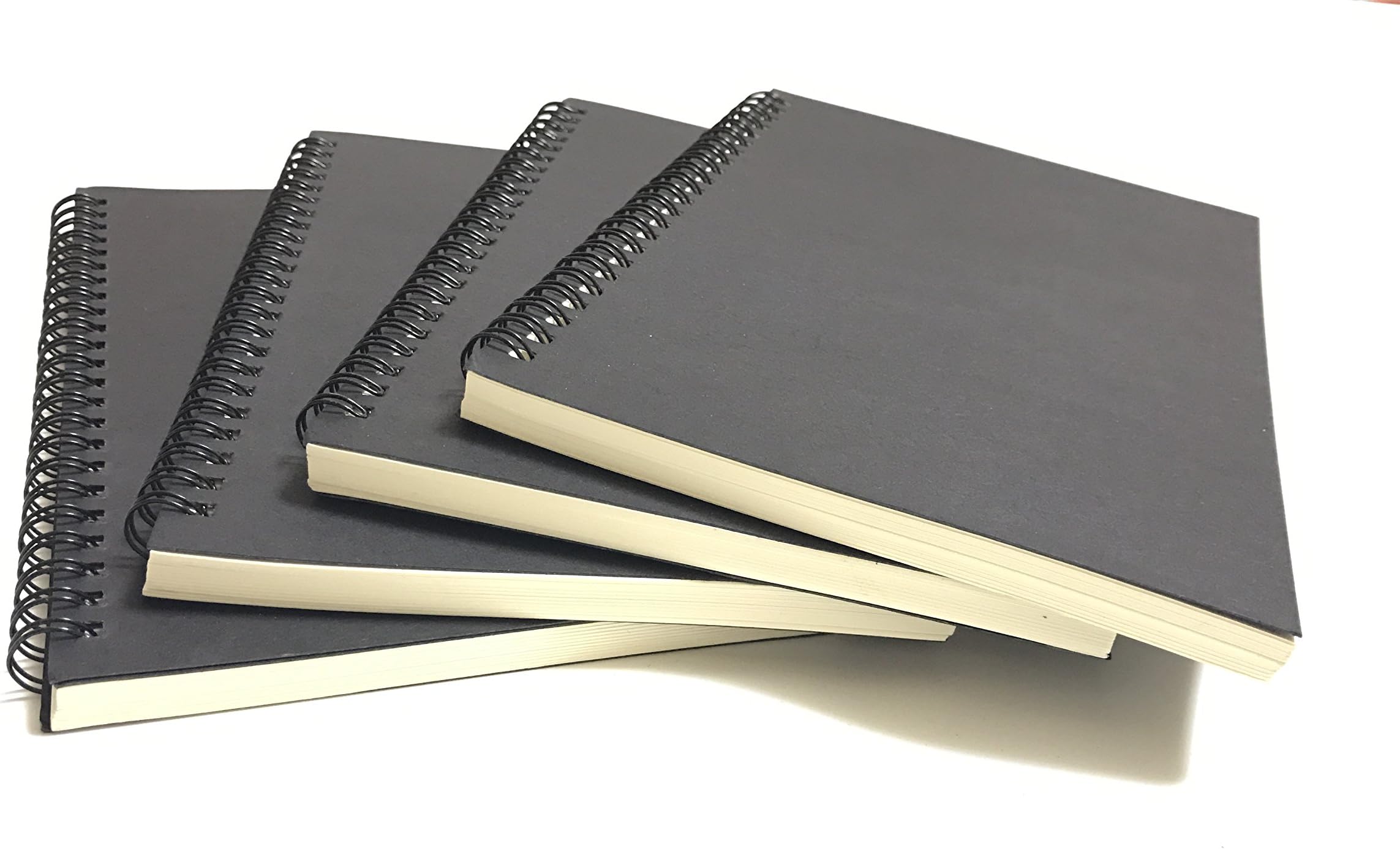 VEEPPO Spiral Sketch Notebook Pack Black Kraft Cardboard Cover White Blank Paper Wirebound Journal/ Diary/ DIY Album/ Scrapbook Notebook (Black cover+ White paper---Pack of 4, 14 x 21cm)