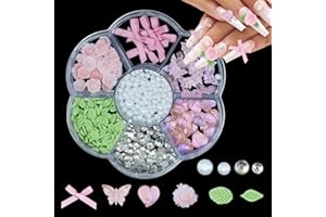 UOTEY 3D Bows Butterfly Flower Leaf for Nails, Acrylic Rose Camellia Flowers Butterfly Pearls White Gems Nail Charms for Manicure DIY Crafts Jewel Accessories