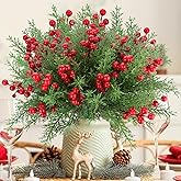 ICEROYCE 4 Bundles 140 Pcs Artificial Christmas Flowers with Red Berry Stems, Fake Norfolk Pine Garland Branches for Winter Decor, Faux Christmas Garland Tree Picks and DIY Crafts (Pine Foliage)