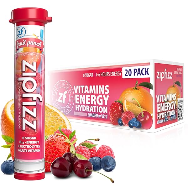 ZIPFIZZ DAILY ENERGY DRINK POWDER, FRUIT PUNCH, 20 PACK 3-IN-1 SUSTAINED ENERGY, RAPID HYDRATION, AND ESSENTIAL VITAMINS SUGAR-FREE ELECTROLYTE POWDER CONTAINS VITAMIN B-12 & ANTIOXIDANTS