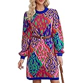 Kedera Mixed Leopard Pop Sweater Dress for Women Colorblock Balloon Sleeve Old Money Knit Sweater Tops