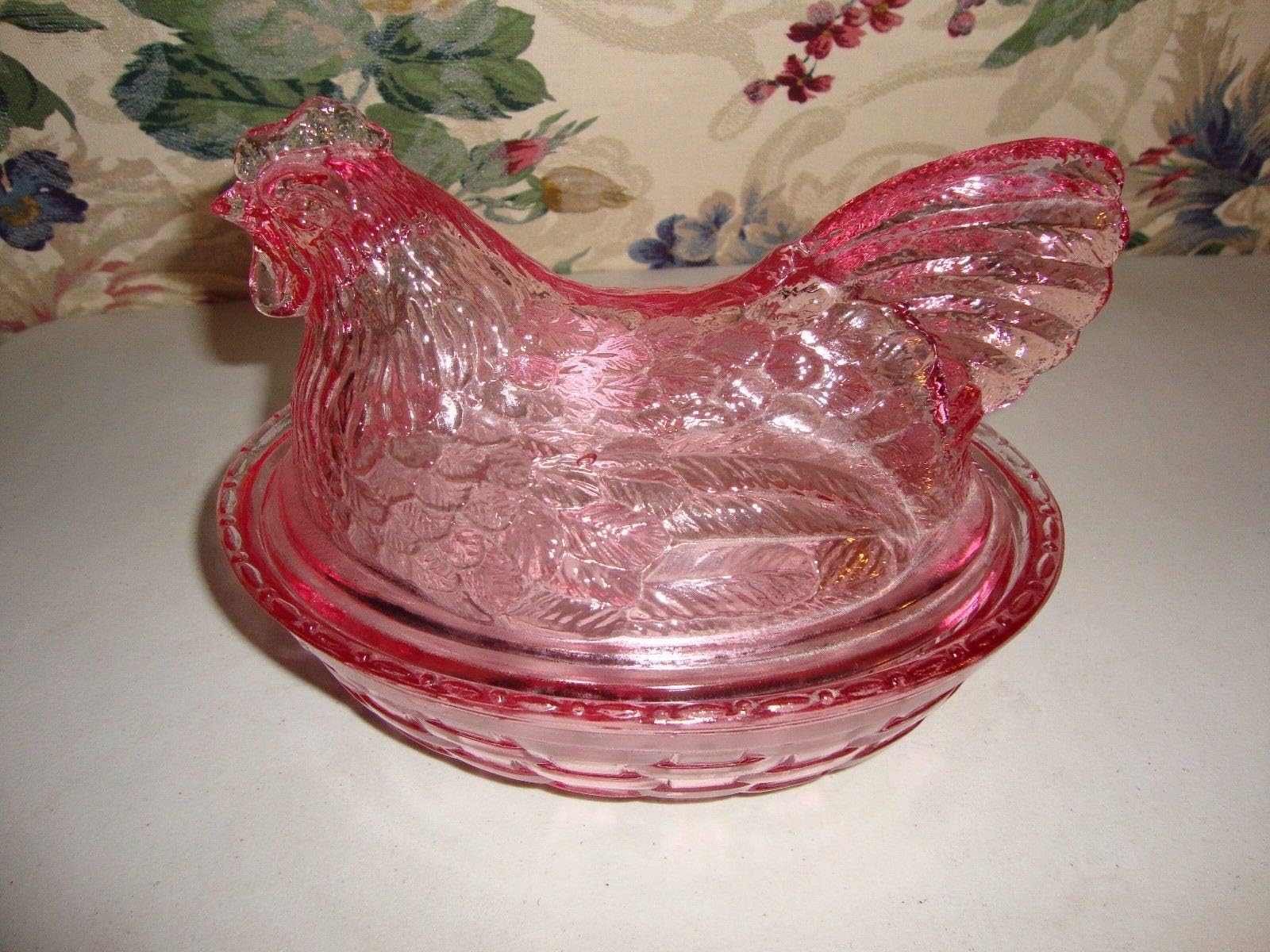 Longaberger Pink Glass Covered Hand Crafted Hen Dish Easter