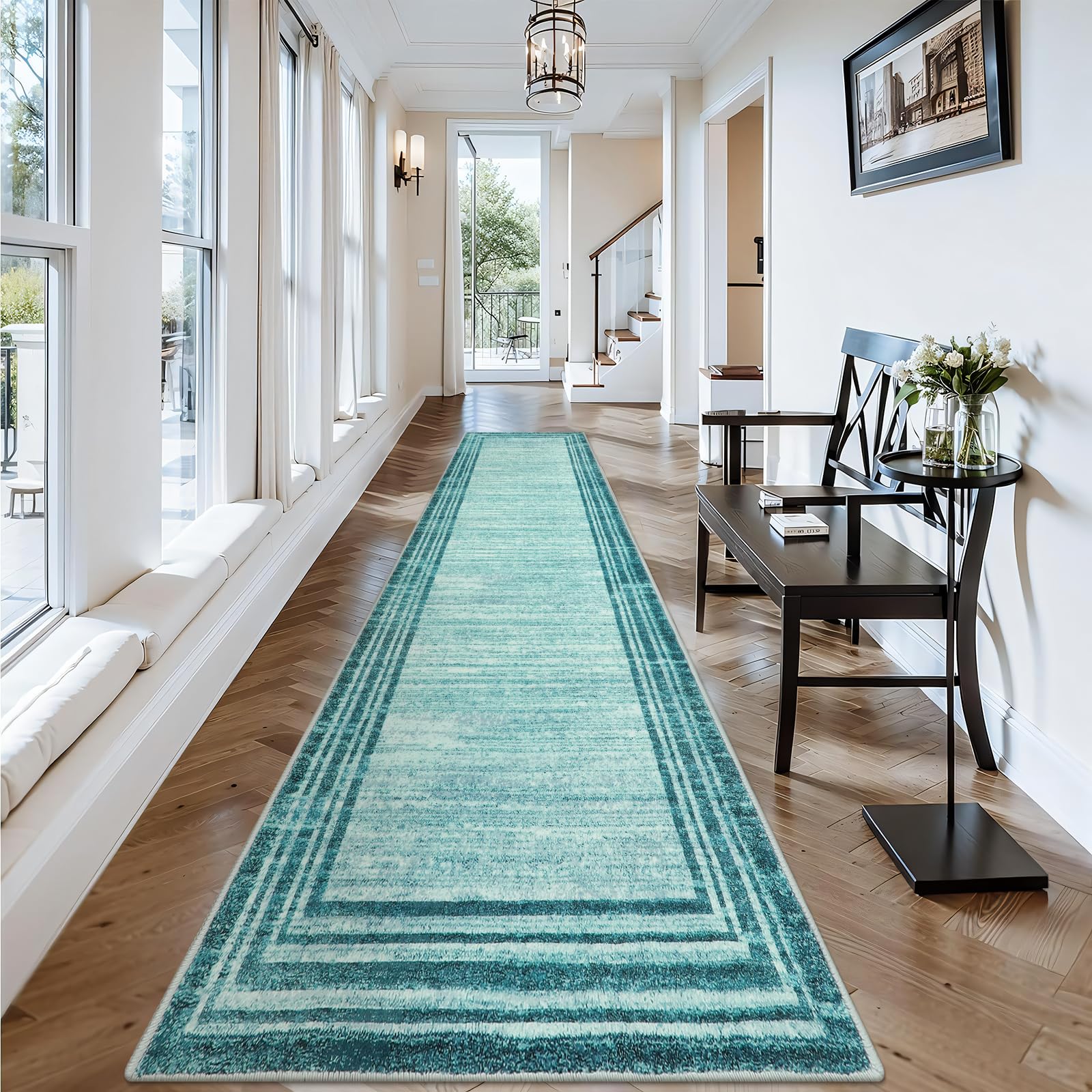 Photo 1 of Lahome Abstract Runner Rug,Teal 2.5x12 Hallway Runners Rug Washable Non-Slip Long Kitchen Rugs Runner,Low-Pile Soft Runner Rugs for Hallway 12 ft Minimalist Solid Indoor Carpet Runner for Entryway