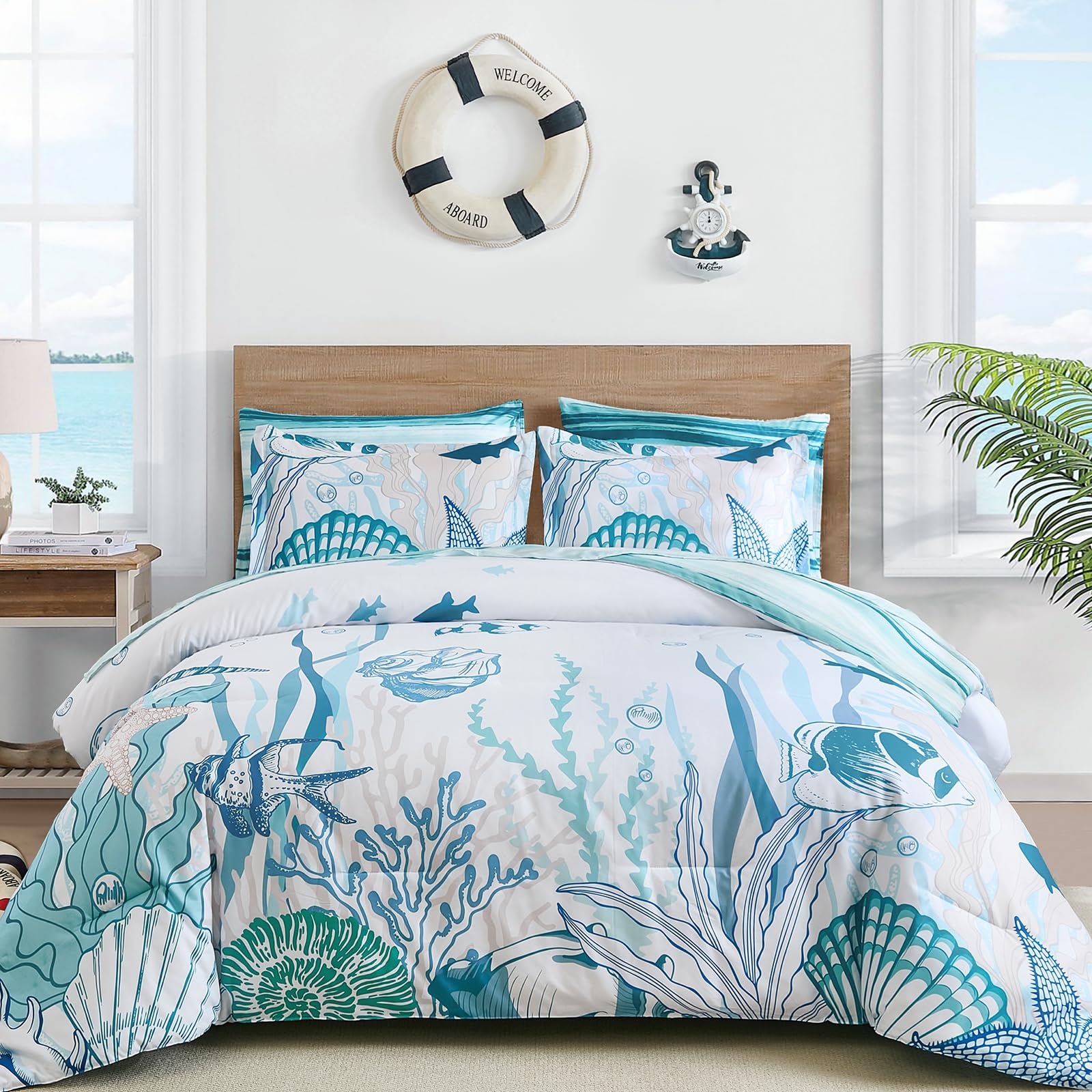 Photo 1 of ***MISSING PARTS***
WONGS BEDDING Coastal Queen Size Comforter,7 Pieces Beach Nautical Themed Bed in a Bag Bedding Set,Ocean Coral Seashell Pattern Soft Warm Comforters for All Season, 90"x90"