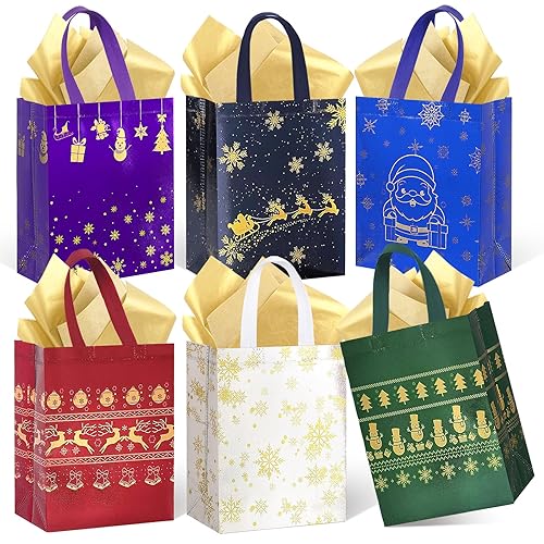 6Pack Christmas Bags for Gits Medium Size with Tissue Paper - Reusable Non-Woven Tote Bags with Handles - Perfect for Gift Wrap/Party Favor Supplies - 10.2" x 8.3" x 4"