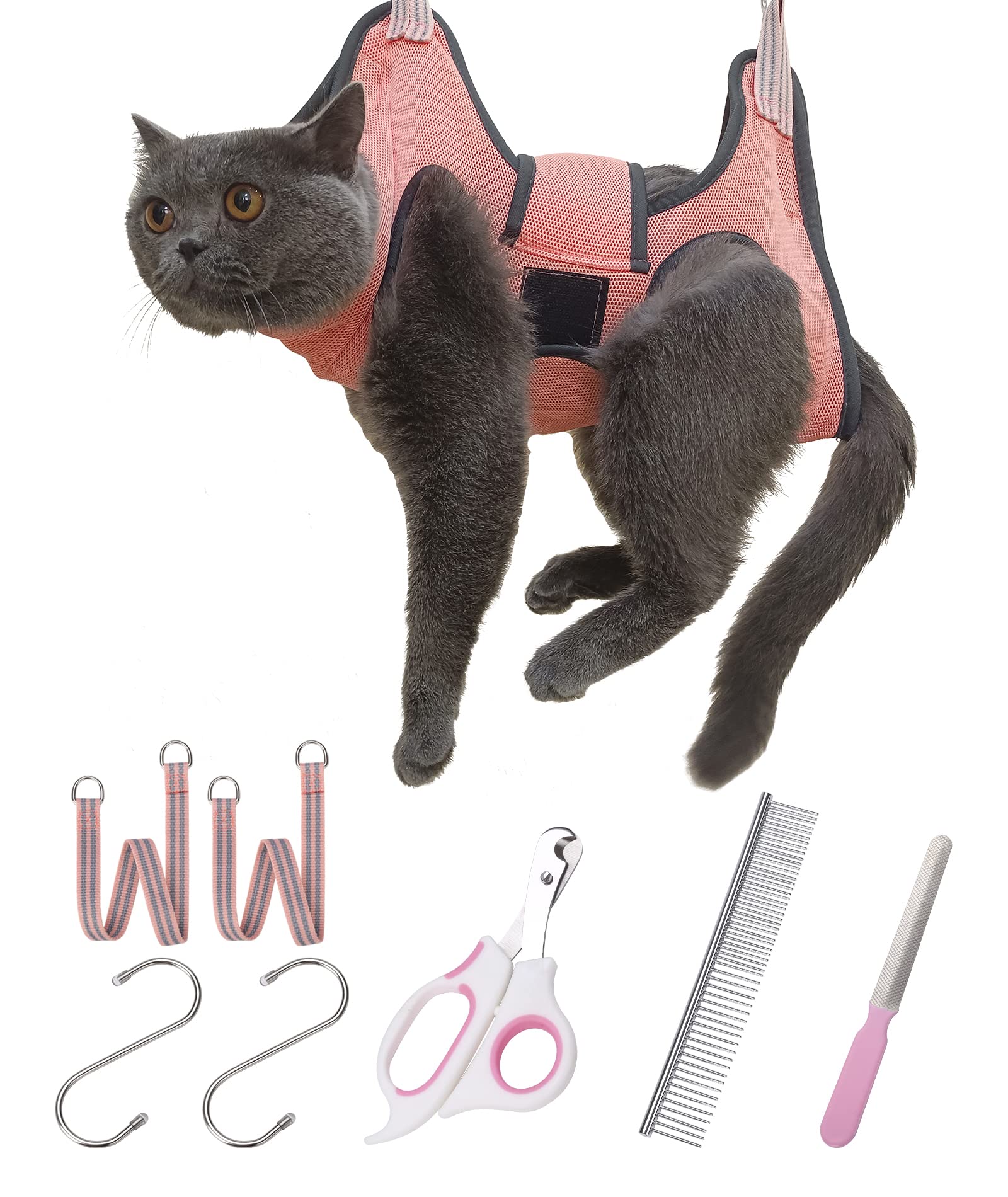 Kkiimatt Cat Dog Grooming Hammock Harness, XS Pet for Puppy Small Dogs/Cats, Nail Trimming with Clippers Sling Wide Strap Sewed on Restraint Bag, Pink Orange