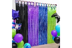 WENSEO Video Game Party Decorations, 2 Pack Nite Gamers Party Foil Fringe Curtains, Black Purple Blue Green Metallic Tinsel Foil Fringe Curtains Photo Streamers for Video Game Party Photo Booth Props