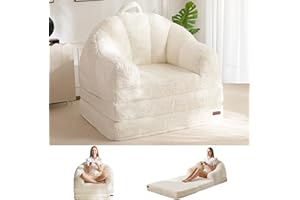 MAXYOYO Folding Sofa Bed, 2 in 1 Convertible Sofa to Lounger Comfy Single Bean Bag Chair for Adults, Floor Sleeper Couch with Handle, Faux Fur Couch Bed for Living Room Bedroom, Beige