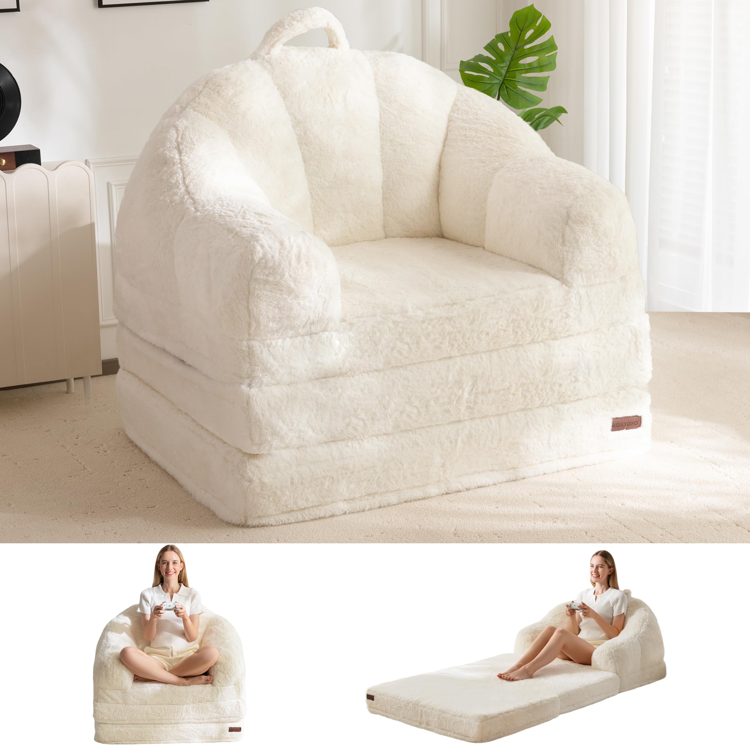Photo 1 of MAXYOYO Folding Sofa Bed, 2 in 1 Convertible Sofa to Lounger Comfy Single Bean Bag Chair for Adults, Floor Sleeper Couch with Handle, Faux Fur Couch Bed for Living Room Bedroom, Beige