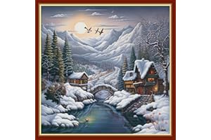 Findvoor Stamped Cross Stitch Kits for Beginners Full Range of Cross Stitching Embroidery Pattern for Kids or Adults, 11CT DIY Needlepoint Embroidery Starter Kits-Winter snowscape 17.7x17.7 inch