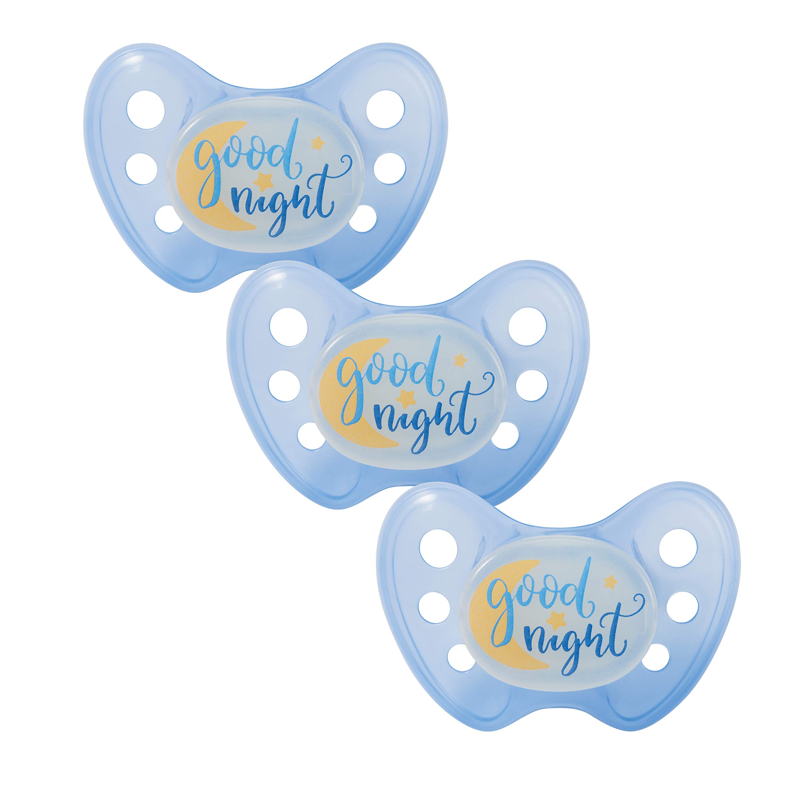 dentistar Night Silicone Soother Set of 3 - Size 2, 6-14 Months - Silicone Soother with Dental Step - Glow in The Dark Baby Dummy - Made in Germany - Good Night, Blue